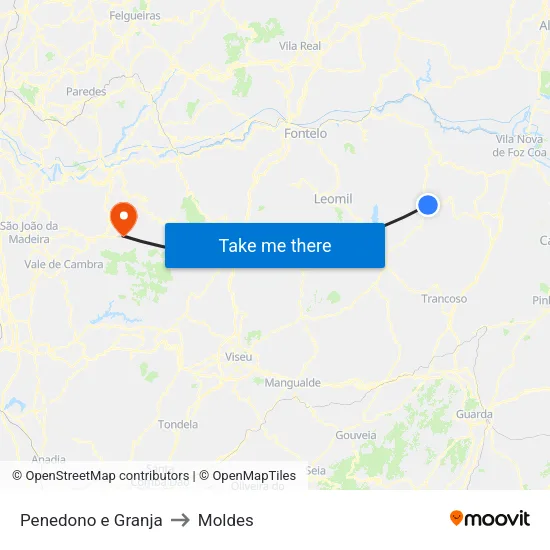Penedono e Granja to Moldes map