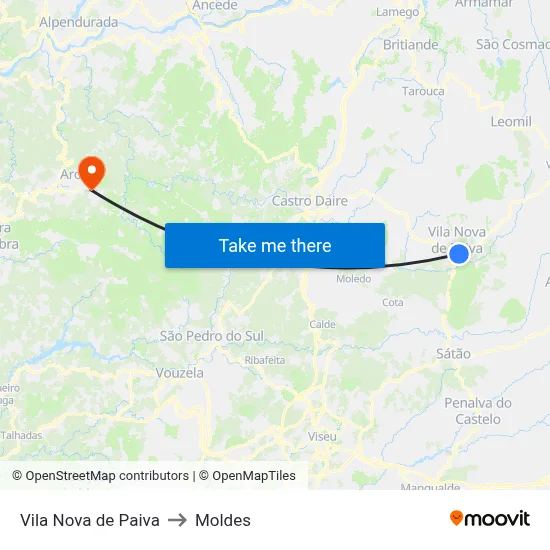 Vila Nova de Paiva to Moldes map