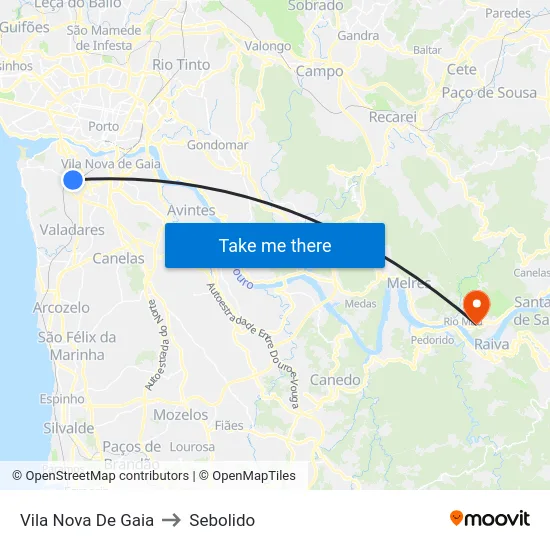 Vila Nova De Gaia to Sebolido map