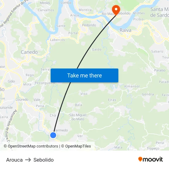 Arouca to Sebolido map