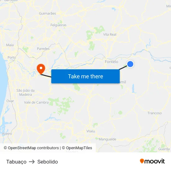 Tabuaço to Sebolido map