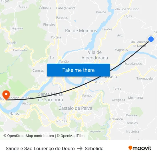 Sande e São Lourenço do Douro to Sebolido map