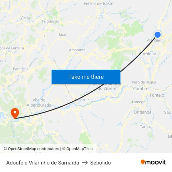 Adoufe e Vilarinho de Samardã to Sebolido map