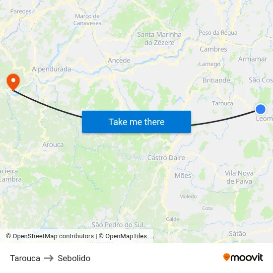 Tarouca to Sebolido map