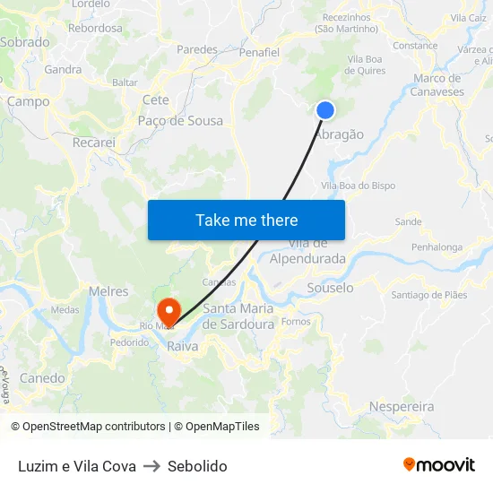 Luzim e Vila Cova to Sebolido map