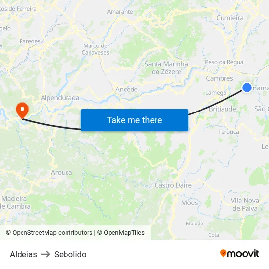 Aldeias to Sebolido map