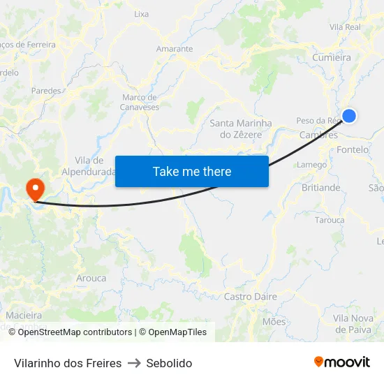 Vilarinho dos Freires to Sebolido map