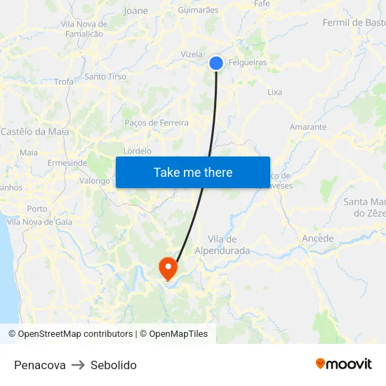 Penacova to Sebolido map
