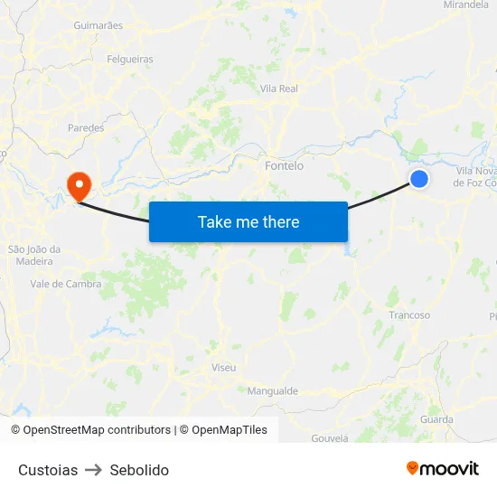 Custoias to Sebolido map