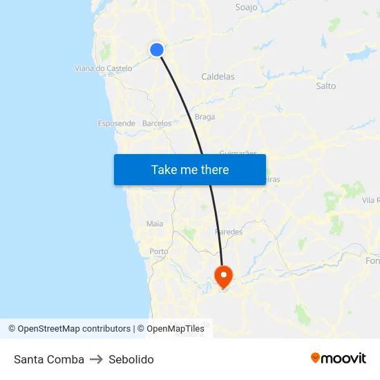 Santa Comba to Sebolido map