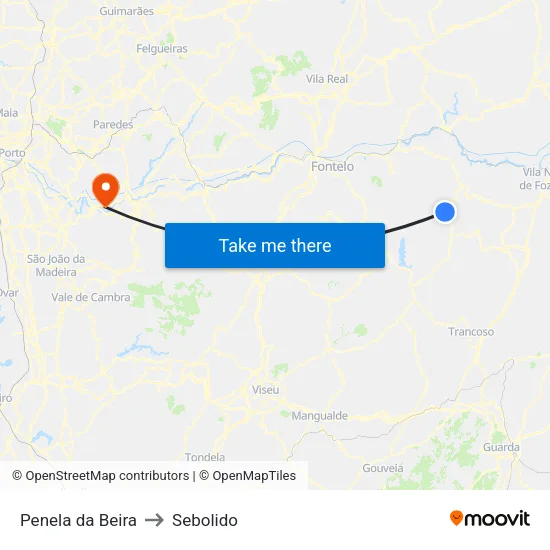 Penela da Beira to Sebolido map