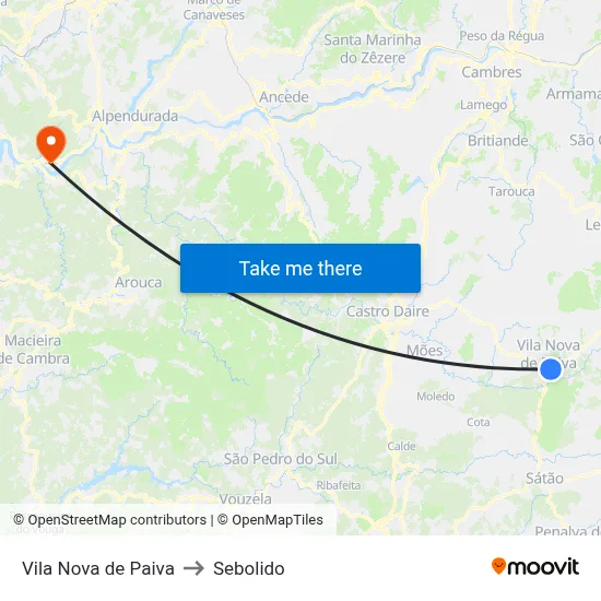 Vila Nova de Paiva to Sebolido map