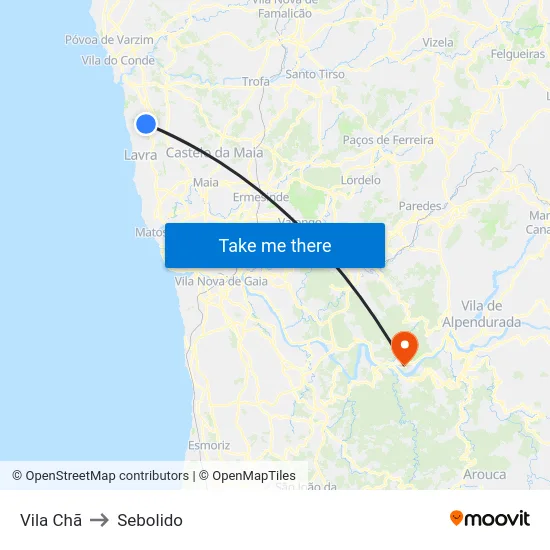 Vila Chã to Sebolido map