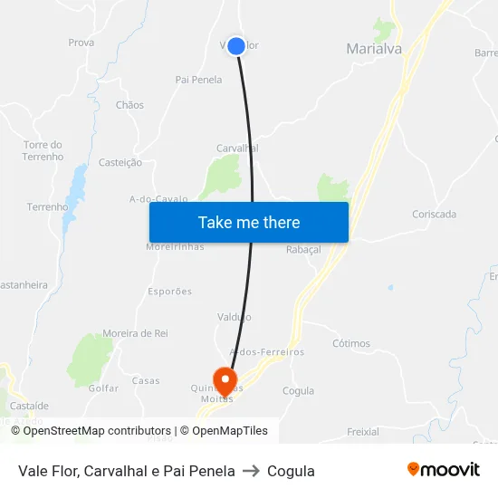 Vale Flor, Carvalhal e Pai Penela to Cogula map