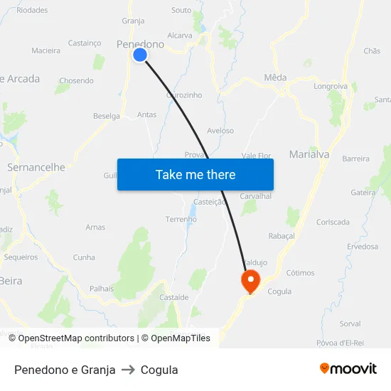 Penedono e Granja to Cogula map