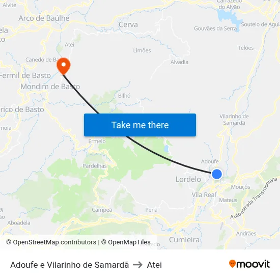 Adoufe e Vilarinho de Samardã to Atei map