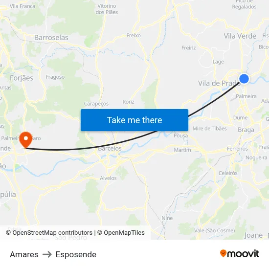 Amares to Esposende map