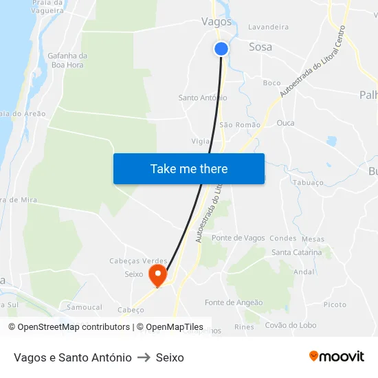 Vagos e Santo António to Seixo map