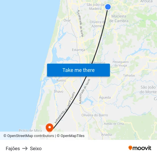 Fajões to Seixo map