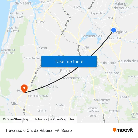 Travassô e Óis da Ribeira to Seixo map