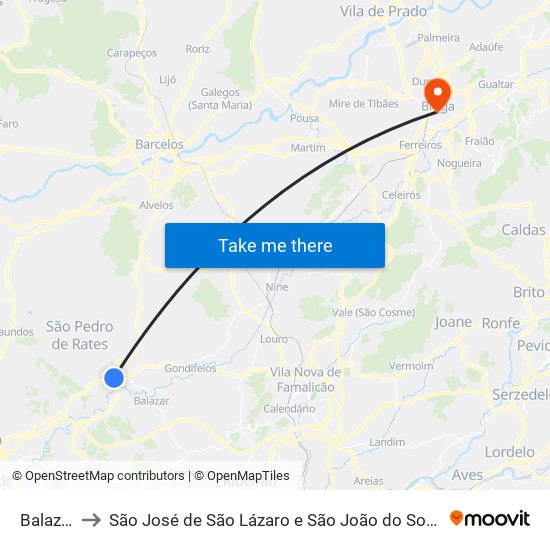 Balazar to São José de São Lázaro e São João do Souto map