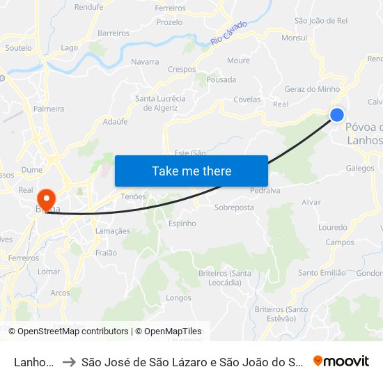 Lanhoso to São José de São Lázaro e São João do Souto map