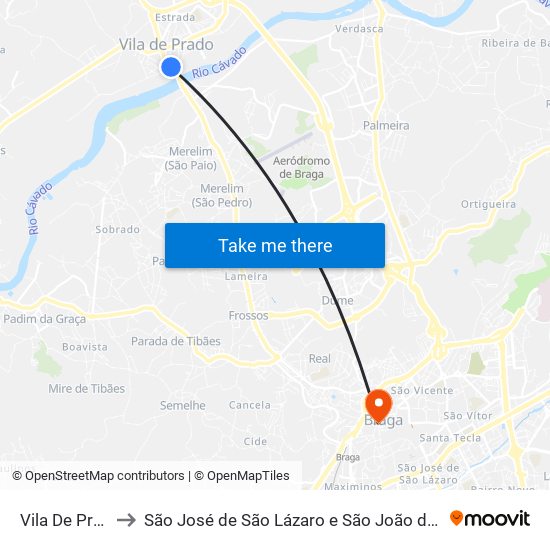 Vila De Prado to São José de São Lázaro e São João do Souto map