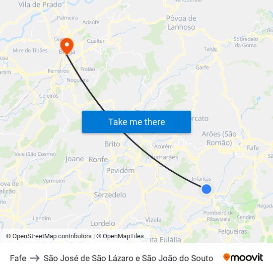 Fafe to São José de São Lázaro e São João do Souto map