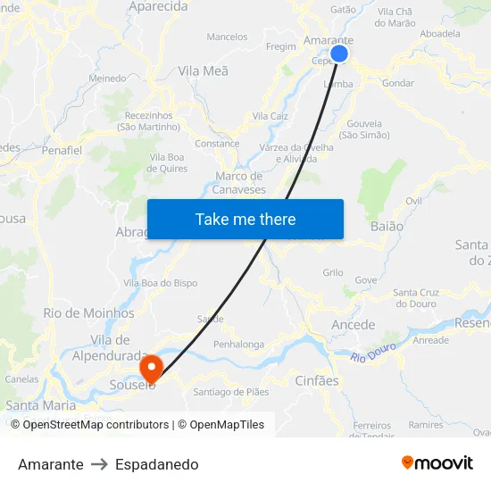 Amarante to Espadanedo map