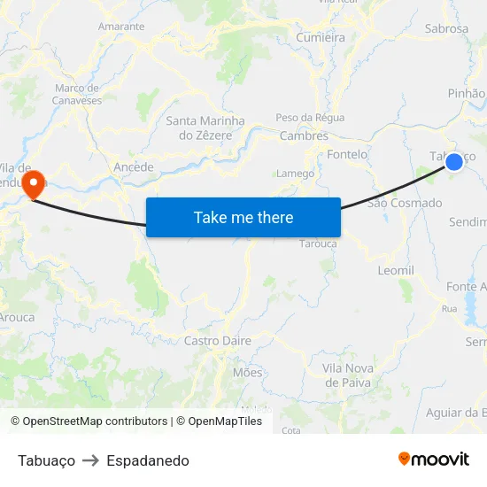 Tabuaço to Espadanedo map