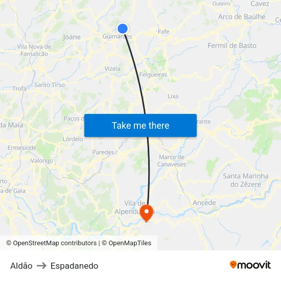 Aldão to Espadanedo map