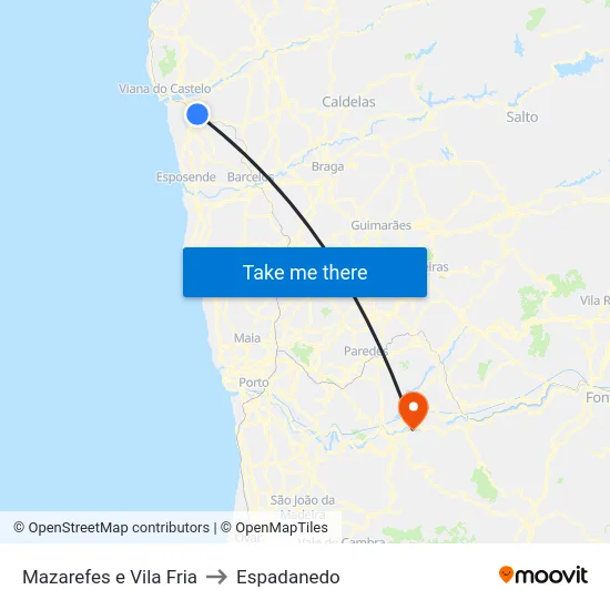 Mazarefes e Vila Fria to Espadanedo map