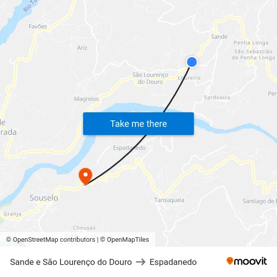 Sande e São Lourenço do Douro to Espadanedo map