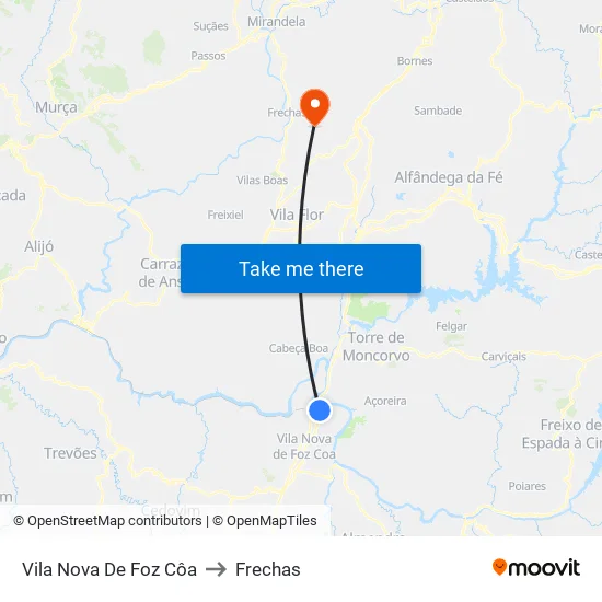 Vila Nova De Foz Côa to Frechas map
