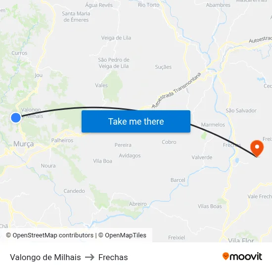 Valongo de Milhais to Frechas map