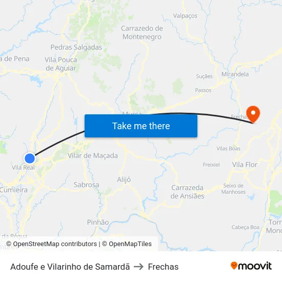Adoufe e Vilarinho de Samardã to Frechas map