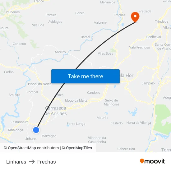 Linhares to Frechas map