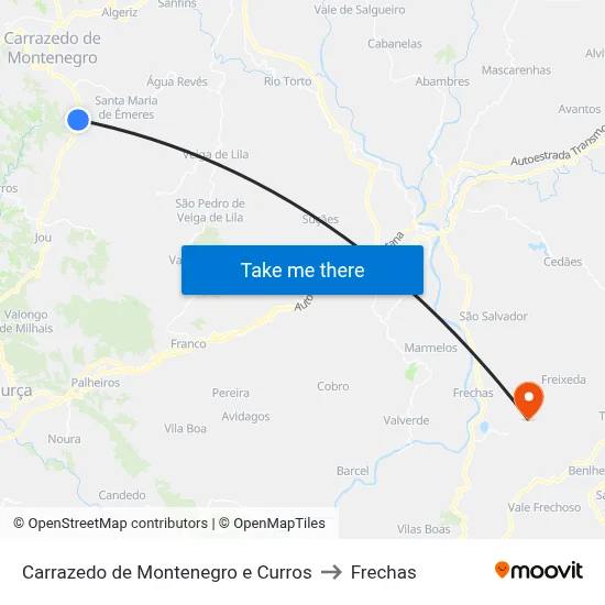 Carrazedo de Montenegro e Curros to Frechas map