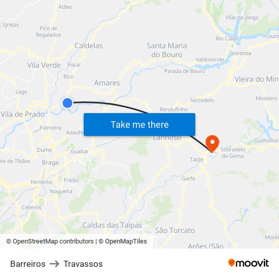 Barreiros to Travassos map