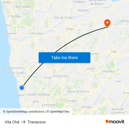 Vila Chã to Travassos map