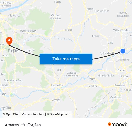 Amares to Forjães map