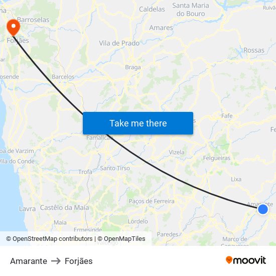 Amarante to Forjães map