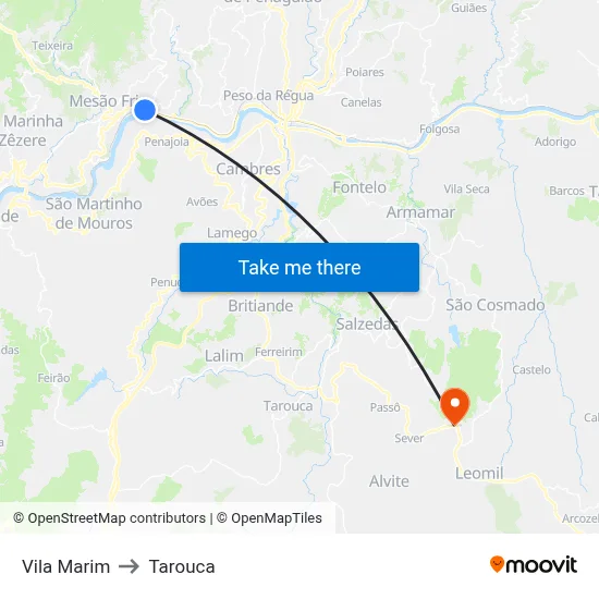 Vila Marim to Tarouca map
