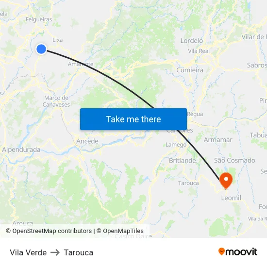 Vila Verde to Tarouca map
