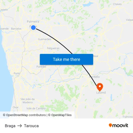 Braga to Tarouca map