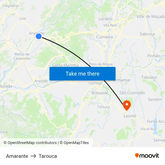 Amarante to Tarouca map