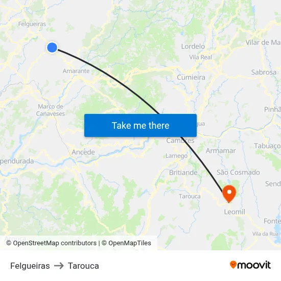 Felgueiras to Tarouca map