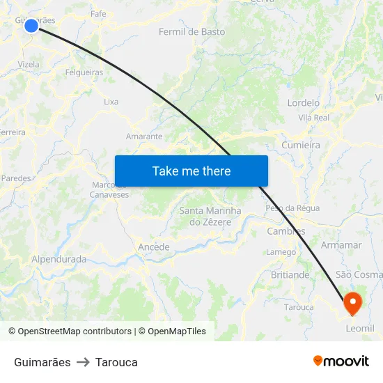 Guimarães to Tarouca map