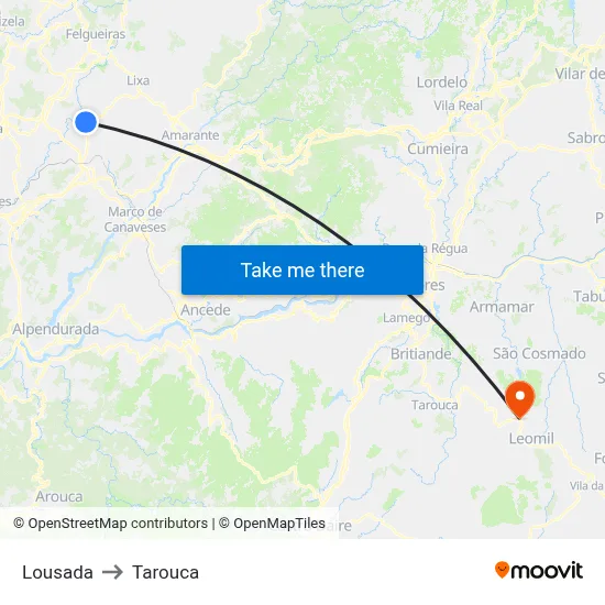 Lousada to Tarouca map