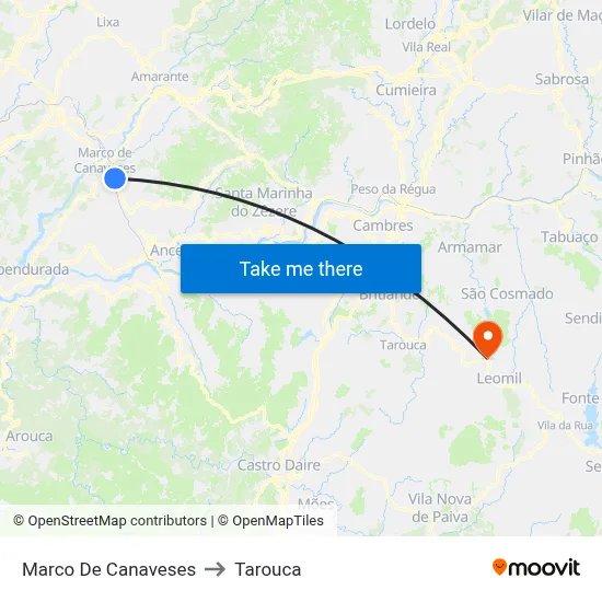 Marco De Canaveses to Tarouca map